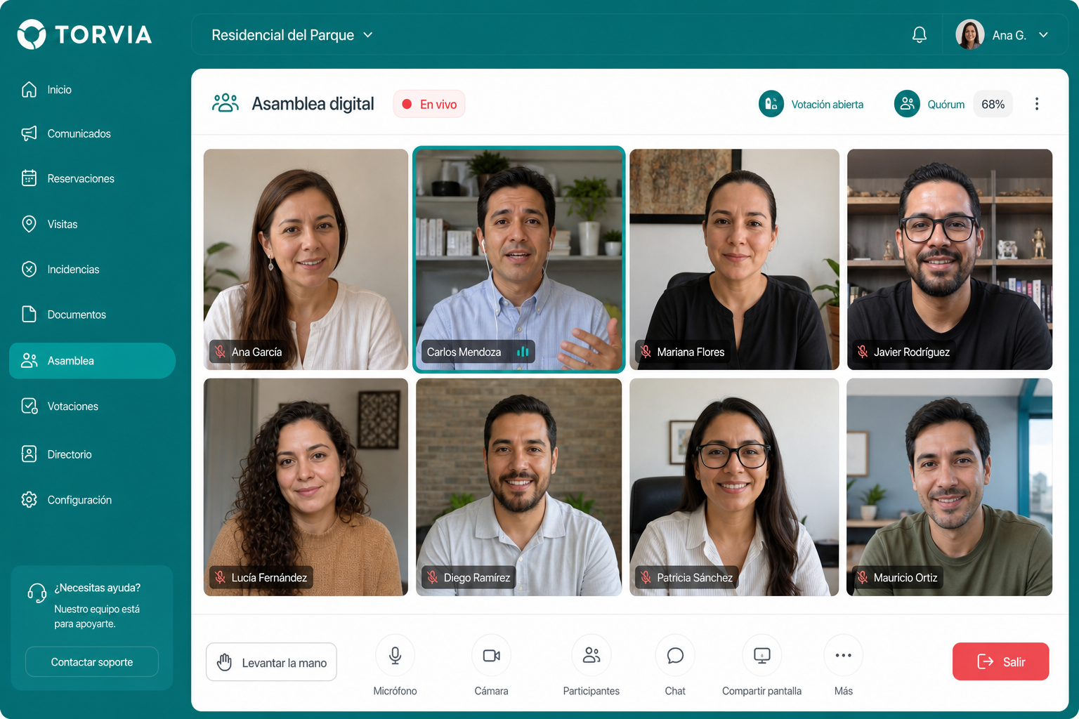Asamblea digital en videollamada con Torvia